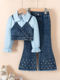 new autumn cross-border girls' collared shirt, denim vest, beaded denim flare pants three-piece set