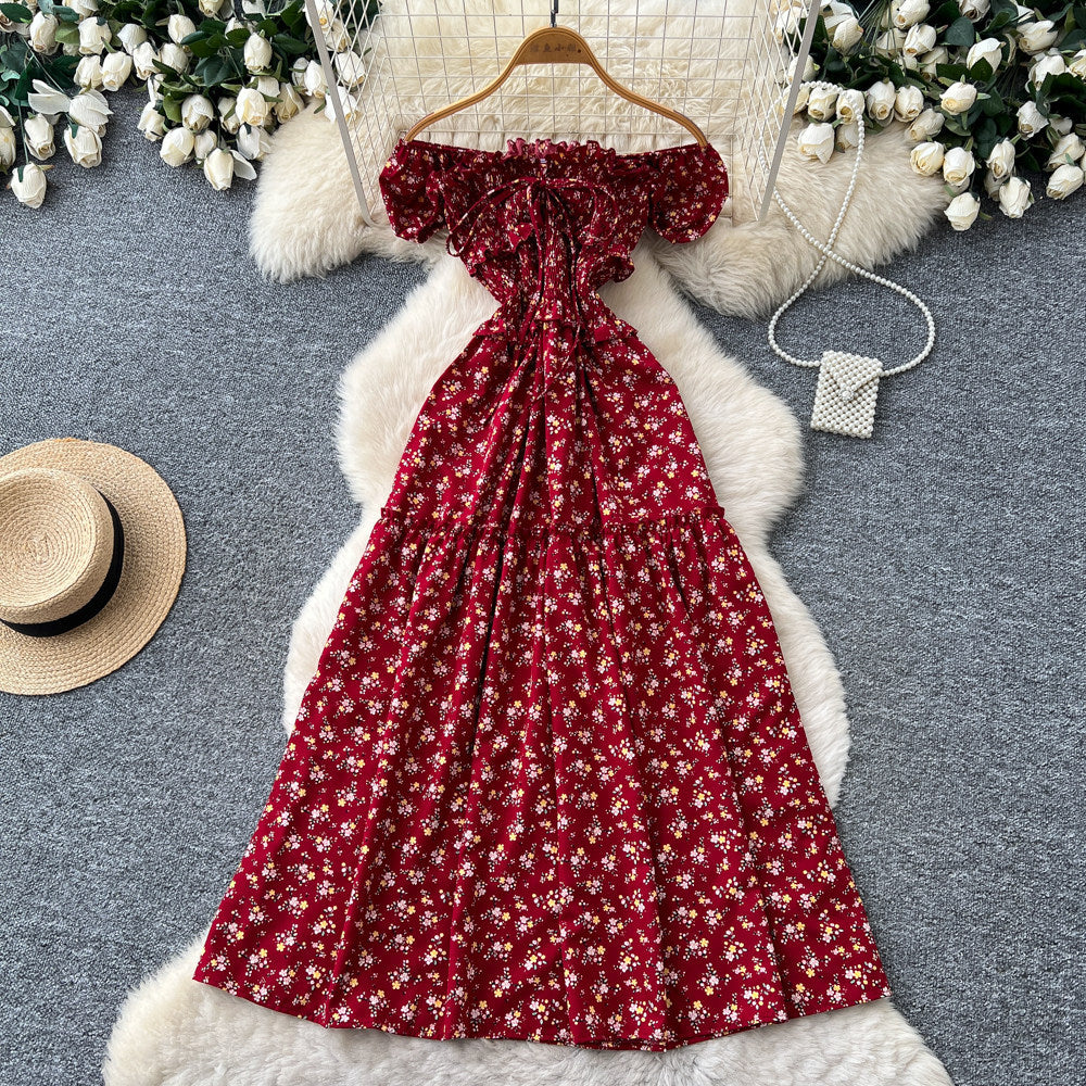French sweet style square neck floral dress women's summer korean style ruched waist tie-up a-line elegant maxi dress - red