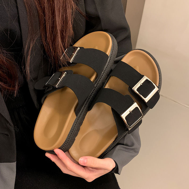 2024 new korean style chunky platform birkenstock-style sandals - women's fashionable square buckle double strap non-slip thong sandals for outdoor wear
