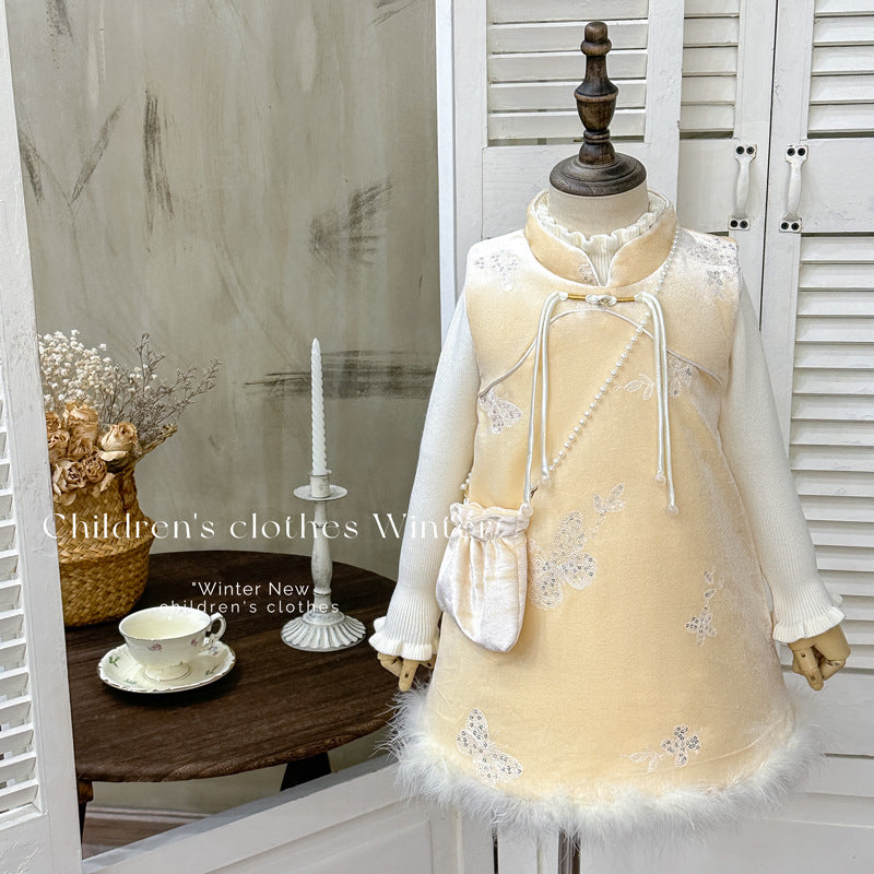Girls' dress  new quilted padded vest dress chinese style sweater two-piece set new year's outfit
