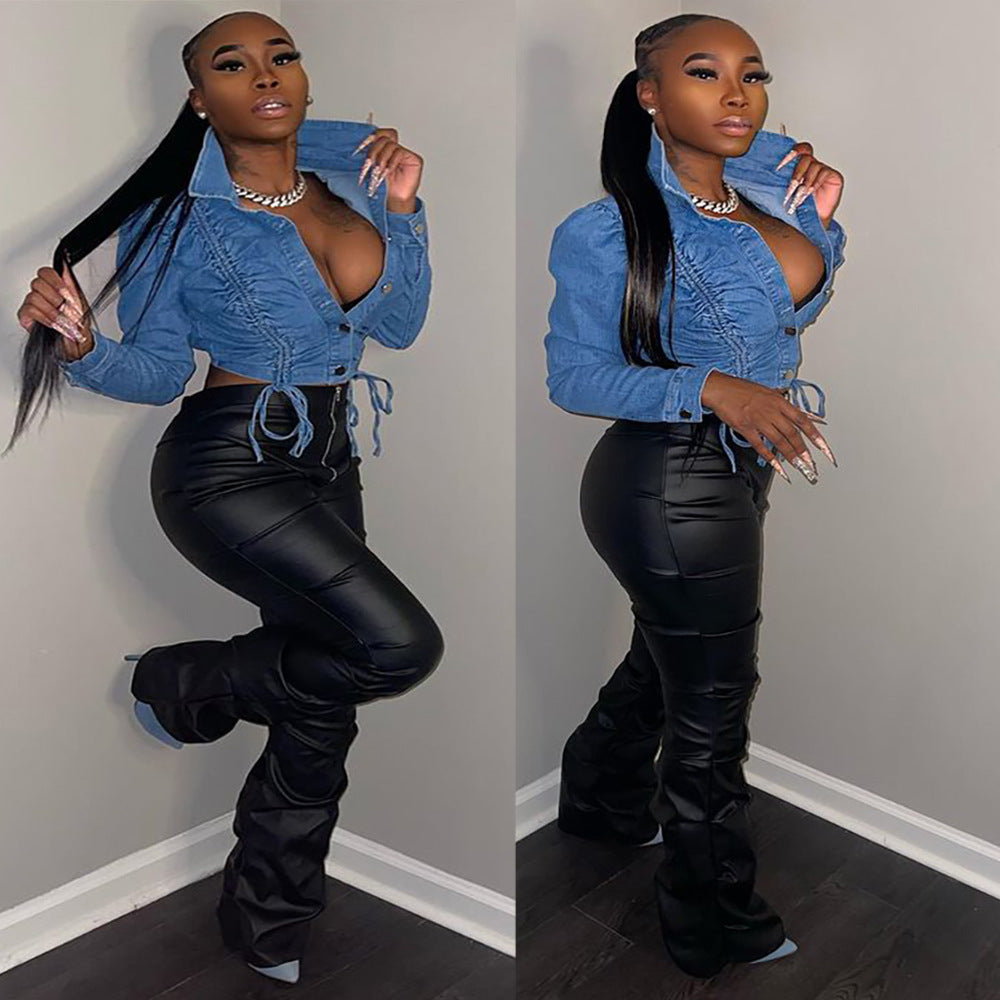 European and american cross-border women's fashion:  &  streetwear drawstring single-breasted long sleeve denim jacket top