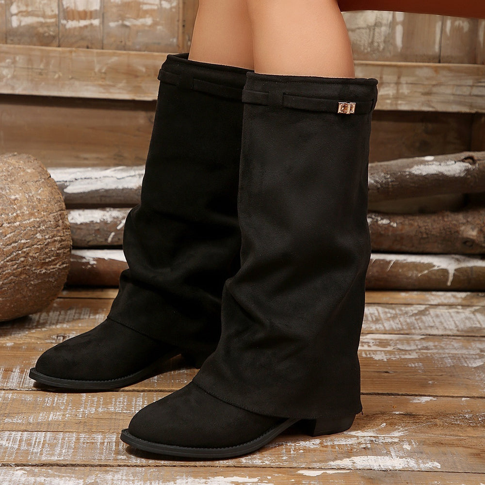 autum suede retroexport mid-heeled trouser boots new arrivalplus size metal buckle pointed thick heel boots for women