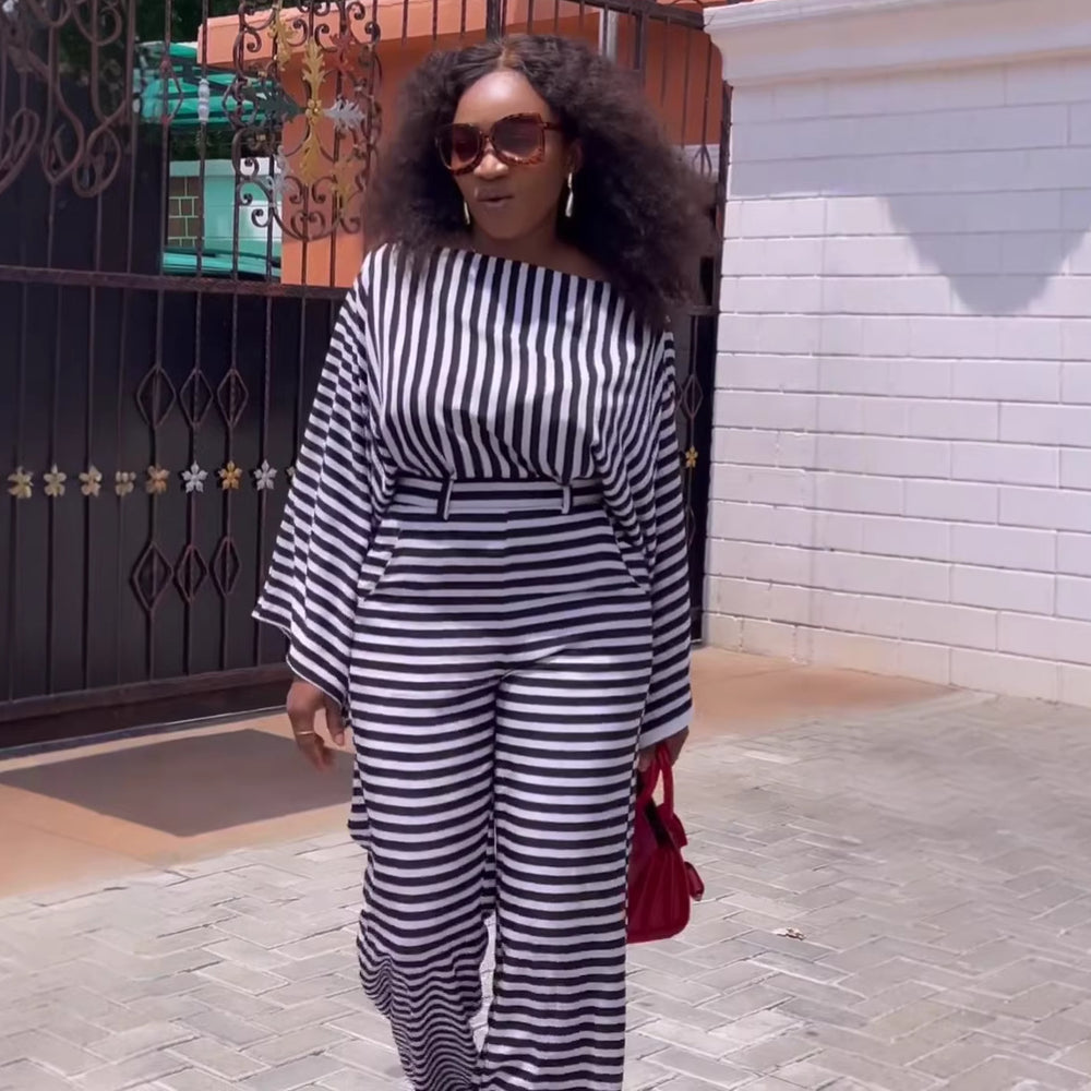 European and american cross-border african women's clothing  summer new fashion striped long sleeve top and high-waisted pants casual set
