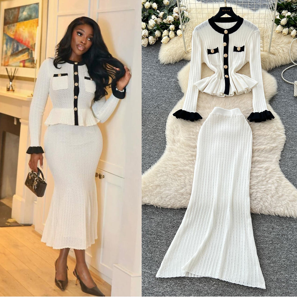 Xiaoxiangfengtwo-piece setfemaleautumfrenchcontrast colormetal bucklelong sleevesruffle hemknitting shirt skirt