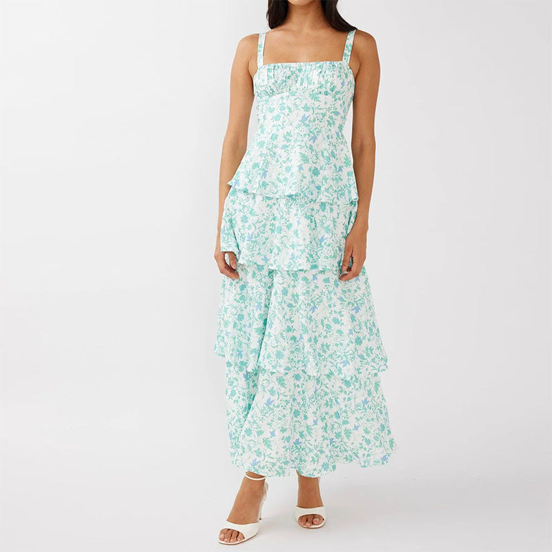cross-border european and american women's clothing: summer dress for women, fashionable and fresh floral print spaghetti strap tiered maxi dress