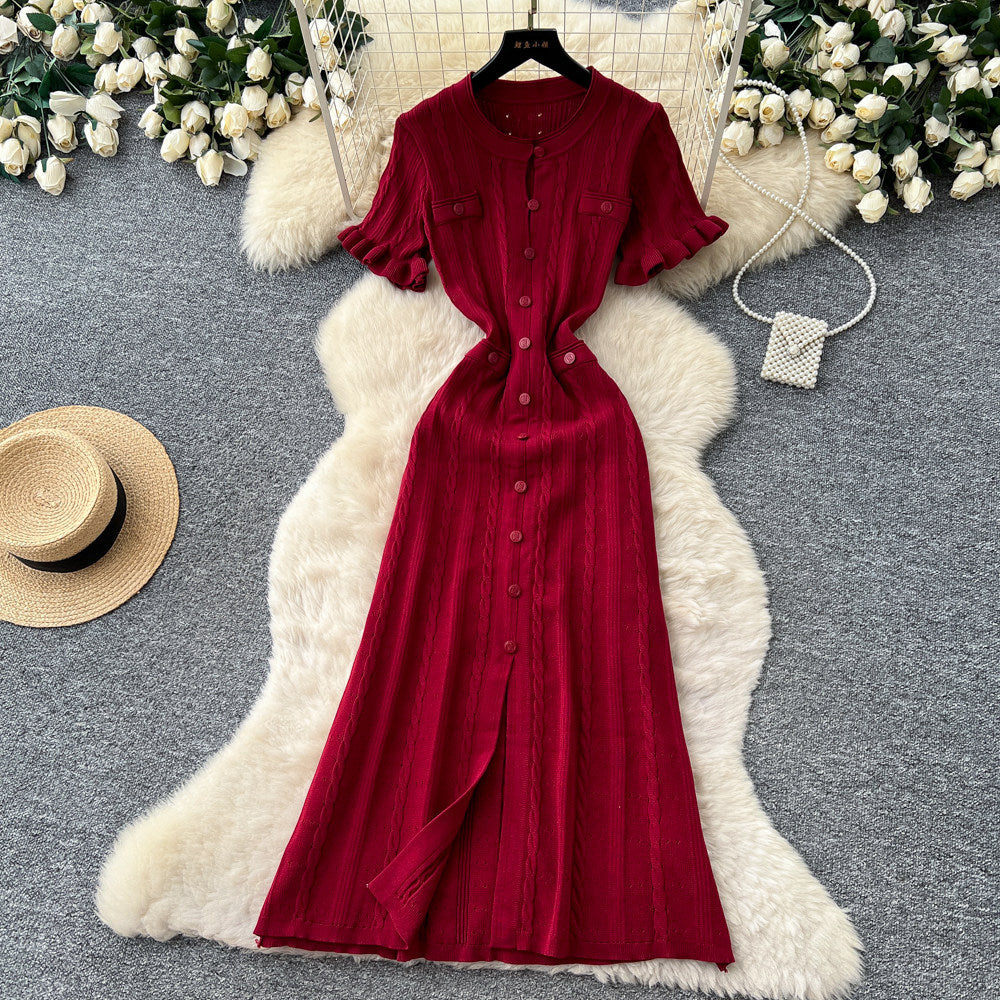 Export french tweed styleclassyfashionable buttoned silm short-sleeved knittingdress women's summer waist elegant