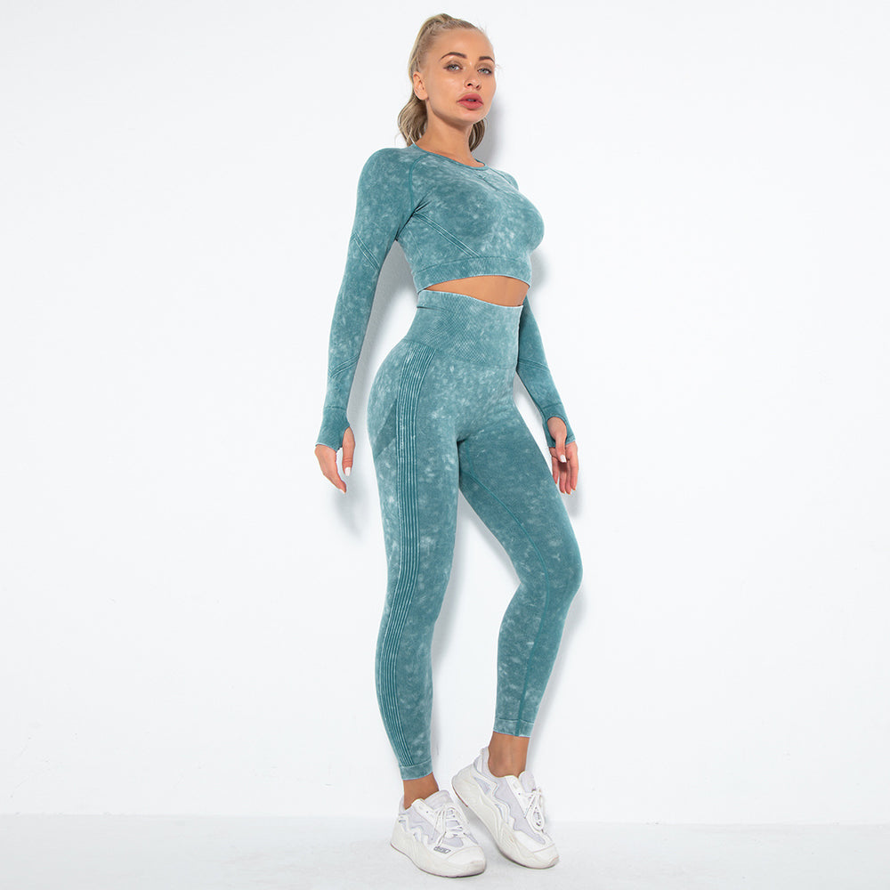European and american new seamless washed smiley face yoga set - activewear long sleeve top and butt-lifting yoga pants two-piece set