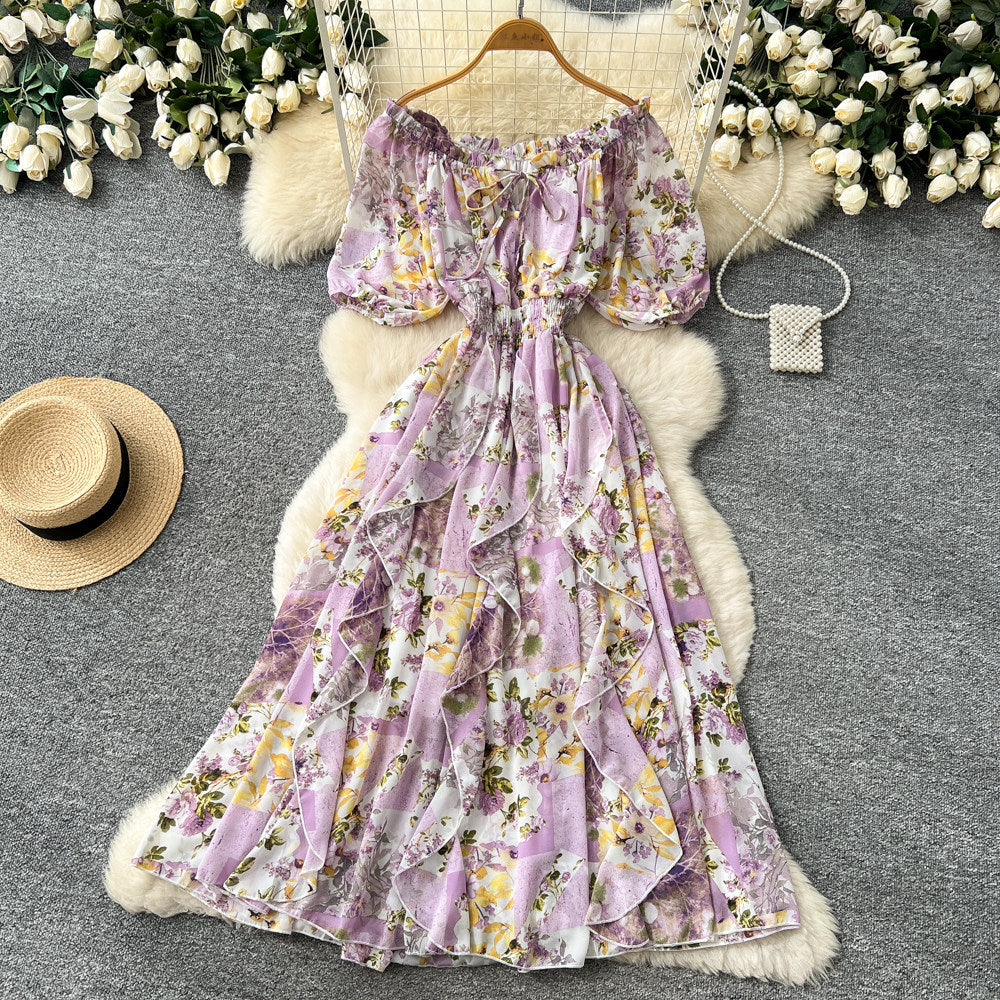 K-style floral dress for women, summer v neck, short-sleeved waist, a-line long skirt, holiday style elegant skirt