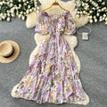 K-style floral dress for women, summer v neck, short-sleeved waist, a-line long skirt, holiday style elegant skirt