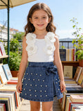 cross-border girls' fashion set: european & american style floral top + irregular bowknot beaded denim jeans