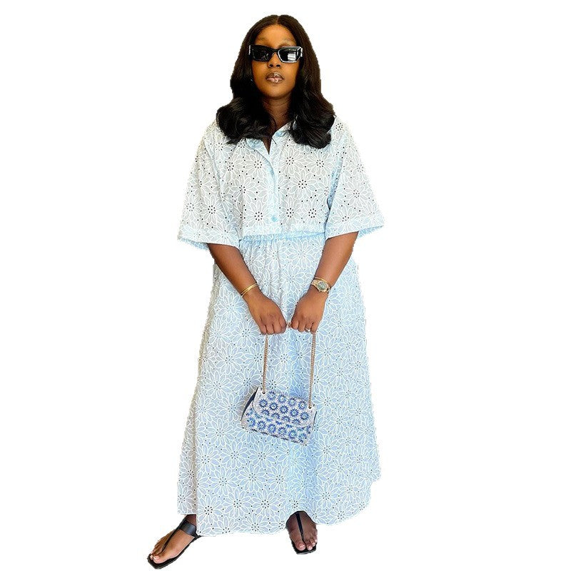 European and american style women's fall  new collection: cutout collar short sleeve shirt & high-waisted a-line midi skirt casual set
