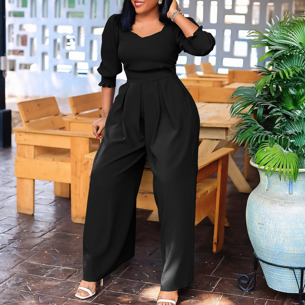 D448  independent station european and american women's clothing winter long sleeves pure color loose wide leg straight large size african jumpsuit