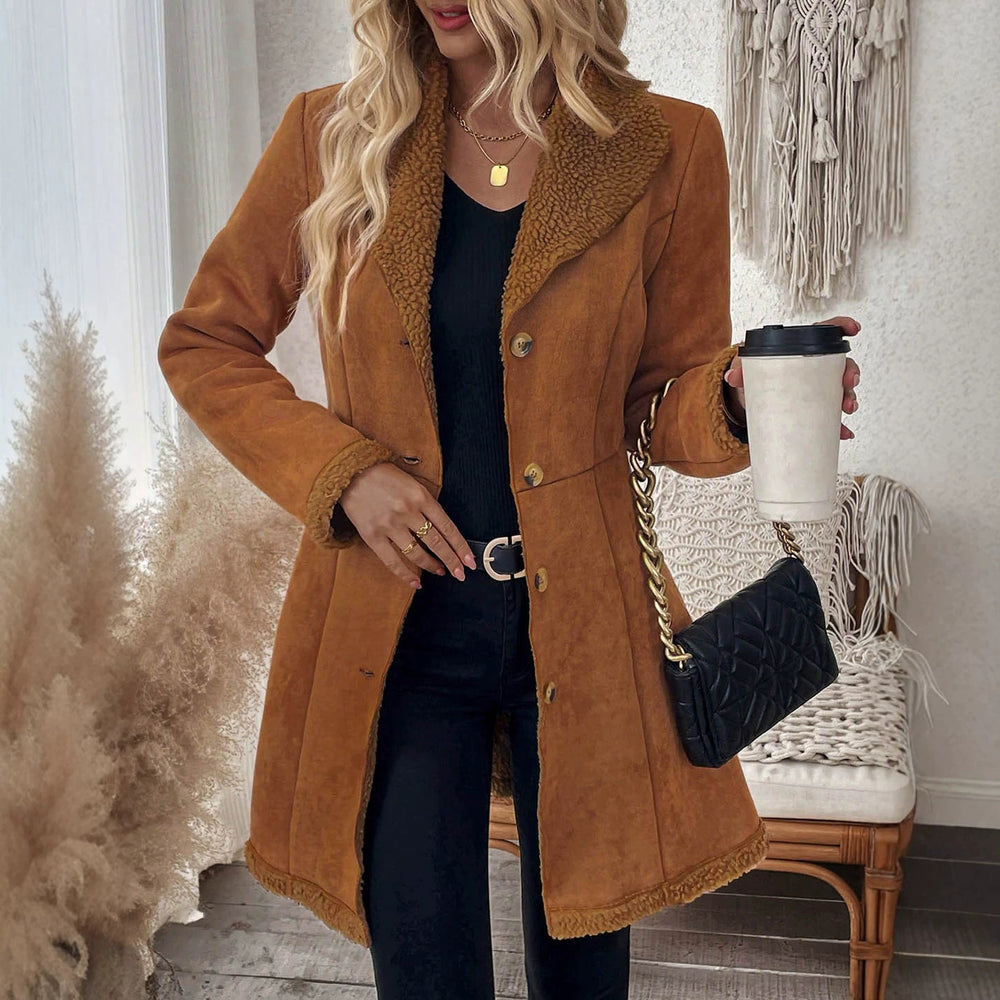 European and american retro style women's jacket - notch lapel, suede & lambswool patchwork, single-breasted, cinched waist, mid-length women's coat