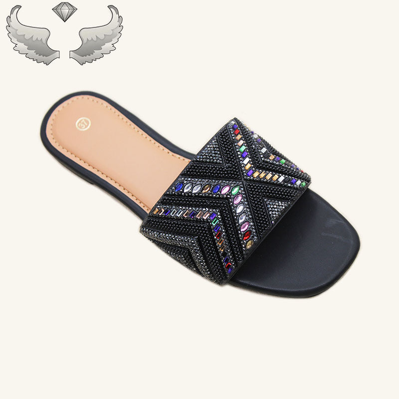 High-quality ladies slippers  ladies shoes fashion flash diamond flat sandals handmade shoes