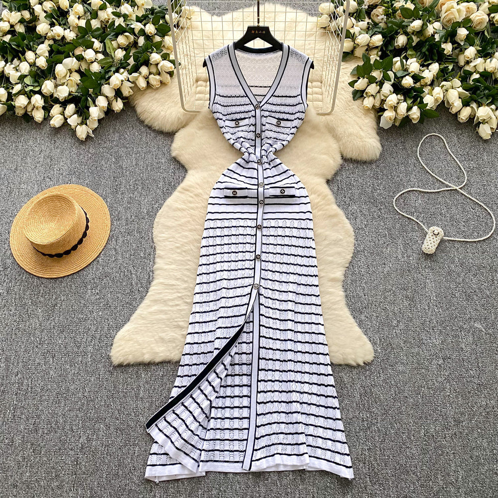 High-end color block striped knit dress - chic, slim-fit, sleeveless maxi dress with a flattering cinched waist