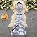 High-end color block striped knit dress - chic, slim-fit, sleeveless maxi dress with a flattering cinched waist