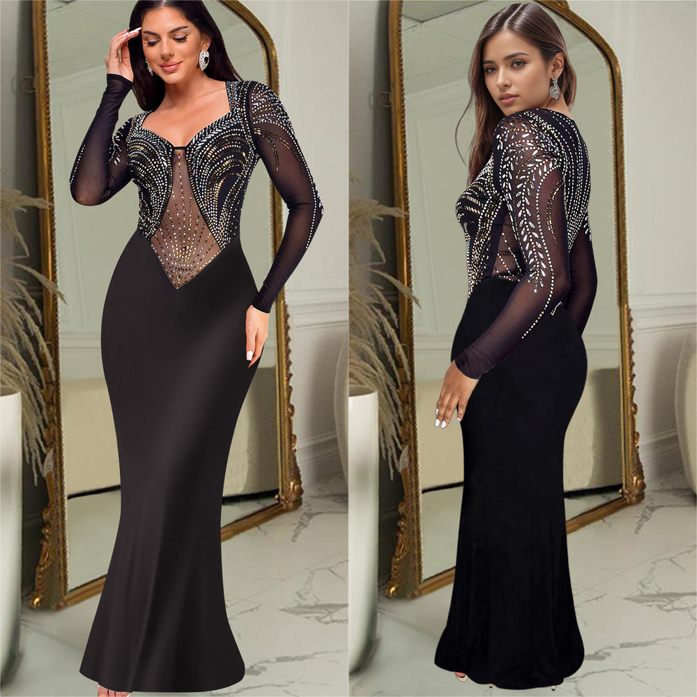 C7042 cross-border   independent station fashion women's hot diamond solid color long sleeve dress new