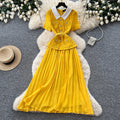 Xiaoxiangfenglacea-linework clothing short-sleeved dressfemale yellow lapel waist pleated long skirt elegance socialite style