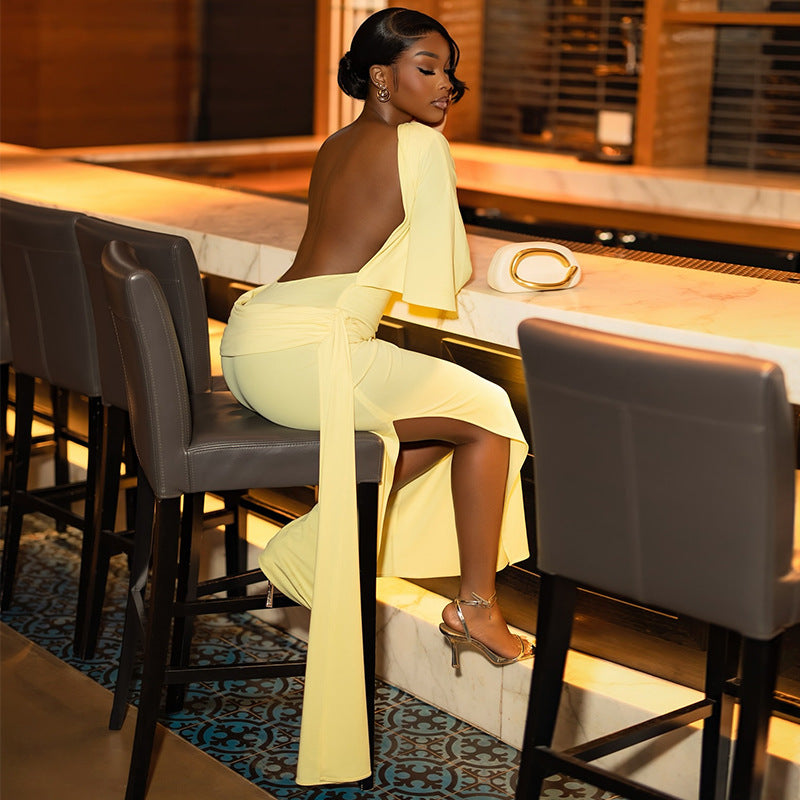 European and american cross-border women's fashion:  autumn new arrivals - sexy backless, elegant, slim-fit, slit yellow dress