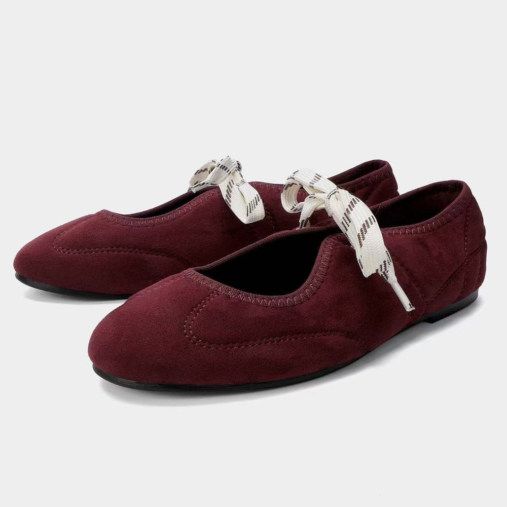 Za2026 summer new women's shoes - beige brown suede lace-up ballet flats with front tie