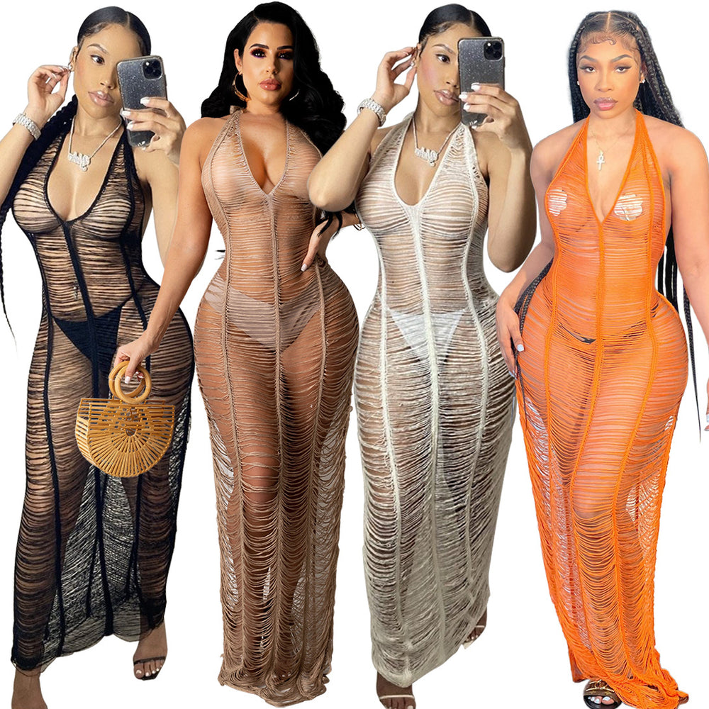 sourcing: new women's beach knit maxi dress - sexy sheer deep v-neck halter tie-up bodycon dress