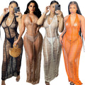 sourcing: new women's beach knit maxi dress - sexy sheer deep v-neck halter tie-up bodycon dress