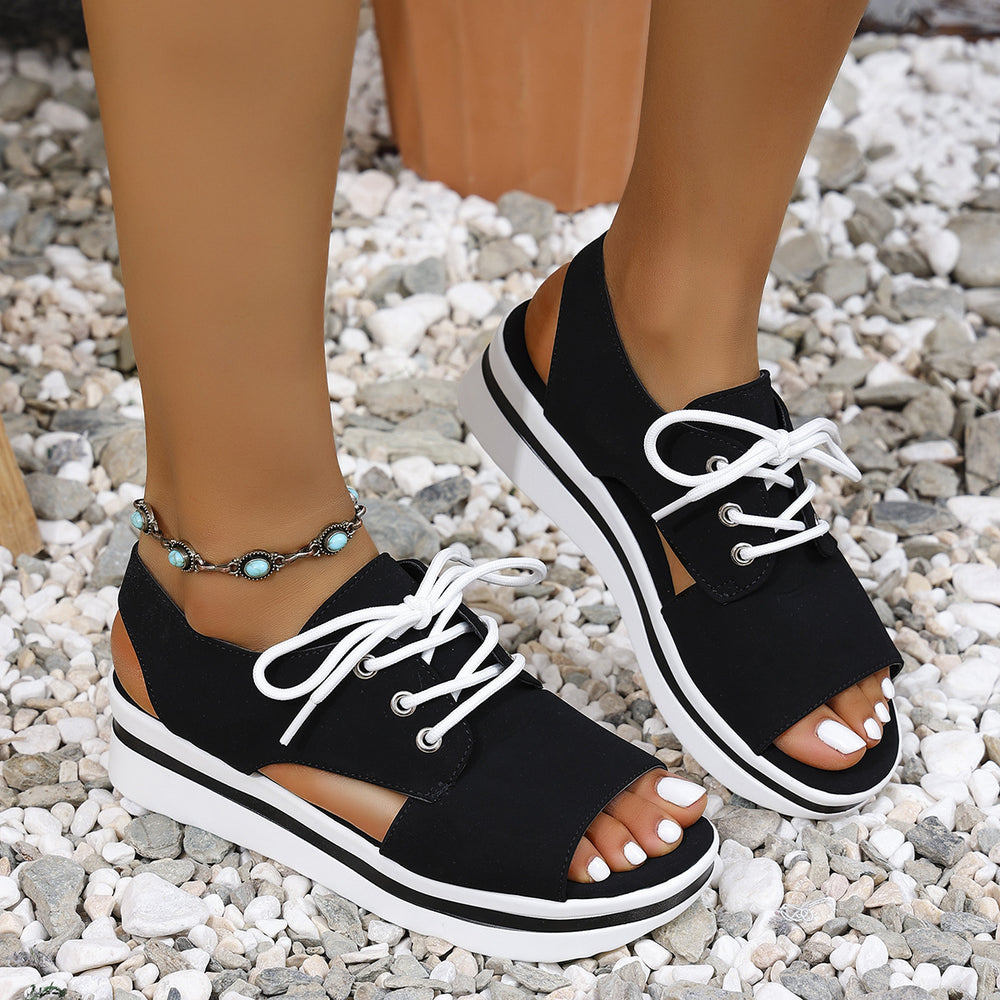 cross-border e-commerce new arrival: casual plus-size peep-toe foam wedge heel platform sandals with front tie