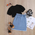 girls' new cotton ribbed top with washed denim distressed asymmetrical skirt two-piece set for toddlers and young children