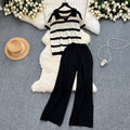 Plus size women's loungewear set: vintage striped knit top & wide-leg pants - relaxed fit, slimming two-piece casual outfit