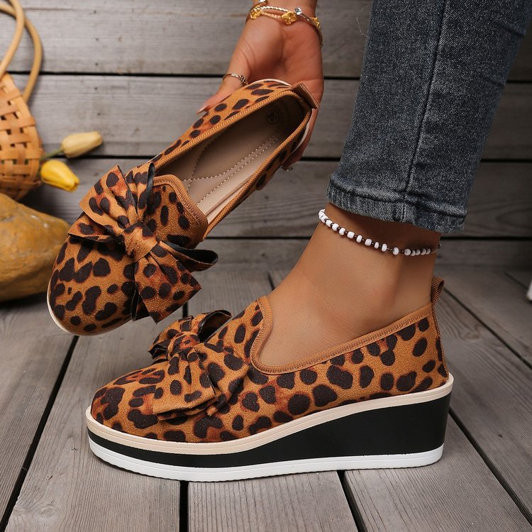 fashionplus size leopard print loafers spring & fallnew arrival round toe bowsfashioncasualthick sole women's flats