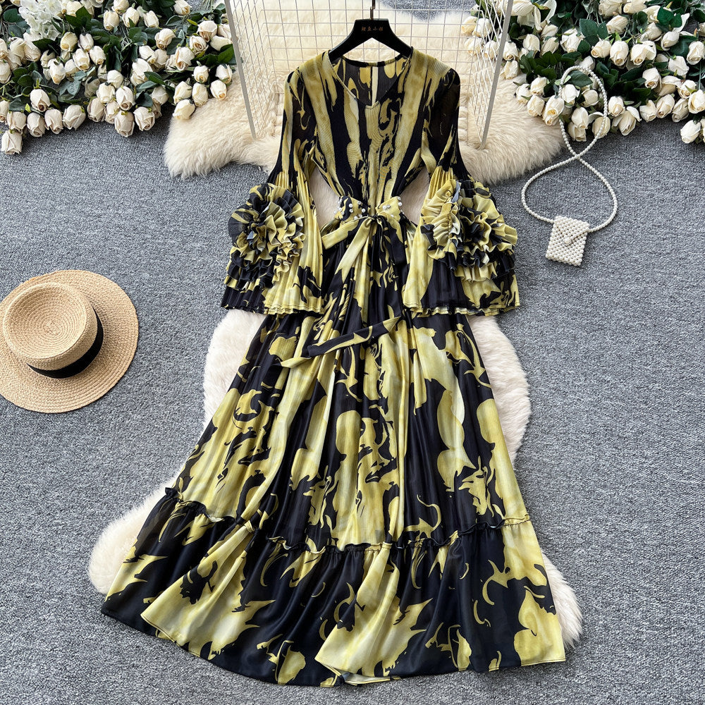 French printing women's long sleevesstereo flower v neck waist dress slimming look holiday style long skirtelegant