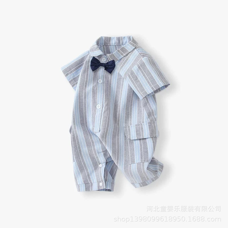 Baby clothes summer striped short-sleeve romper boy korean style gentleman outfit baby 100-day celebration first birthday crawling suit