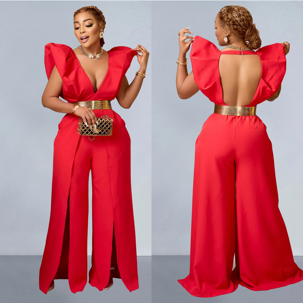 C6805 cross-border   fashion women's solid color sexy v-neck ruched long pants jumpsuit
