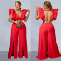 C6805 cross-border   fashion women's solid color sexy v-neck ruched long pants jumpsuit