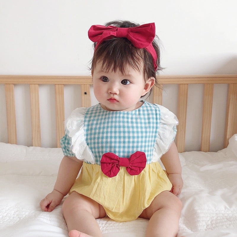 Ins21 summer korean style baby cute princess bow short sleeve romper bodysuit with headband