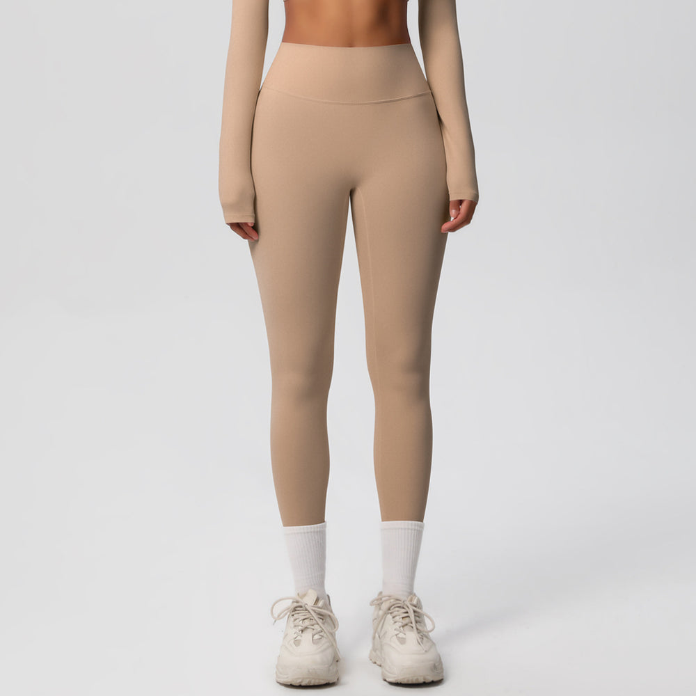 Ready-to-ship european and american style, solid color, double-sided brushed, high-waisted, quick-drying leggings for layering, fitness, outdoor running, and yoga
