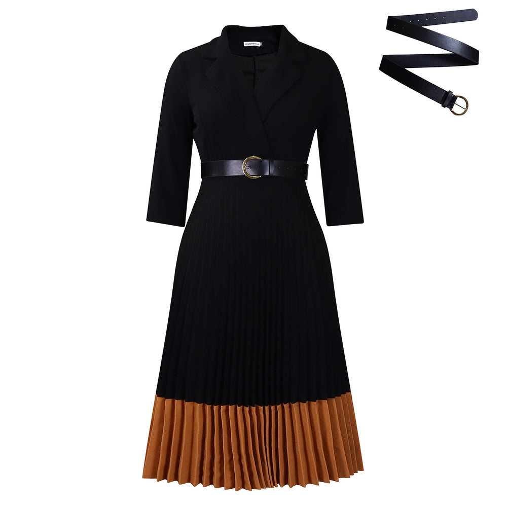 D3318  cross-border women's spring blazer collar fashion color block ol elegant pleated high waist african dress