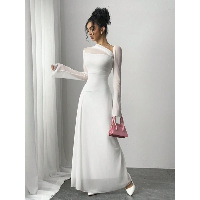 fashionautum mesh patchworklong sleeveselegance asymmetrical pleated silma-linedress women