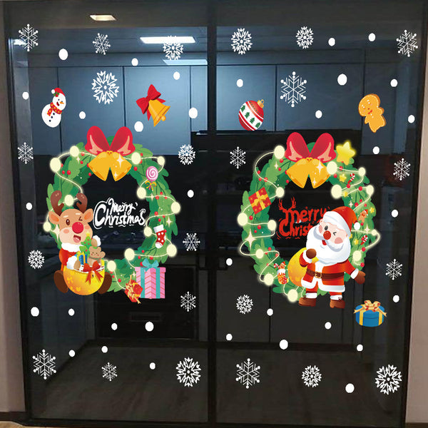 New wreath Christmas decoration glass door sticker shop window arrangement Santa Claus snowflake glue-free static sticker