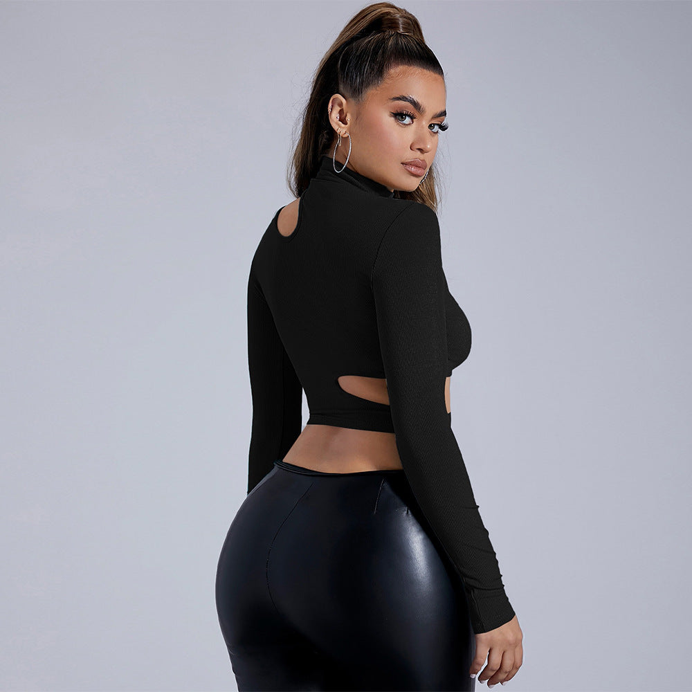 Cross-border women's clothing Europe and America 2024 autumn and winter semi-turtleneck black long-sleeved sexy T-shirt short tights