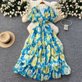 Frenchretrov neckruffle sleeve pleated floral dress women's summerhigh waistslimming look drape chiffon long skirt