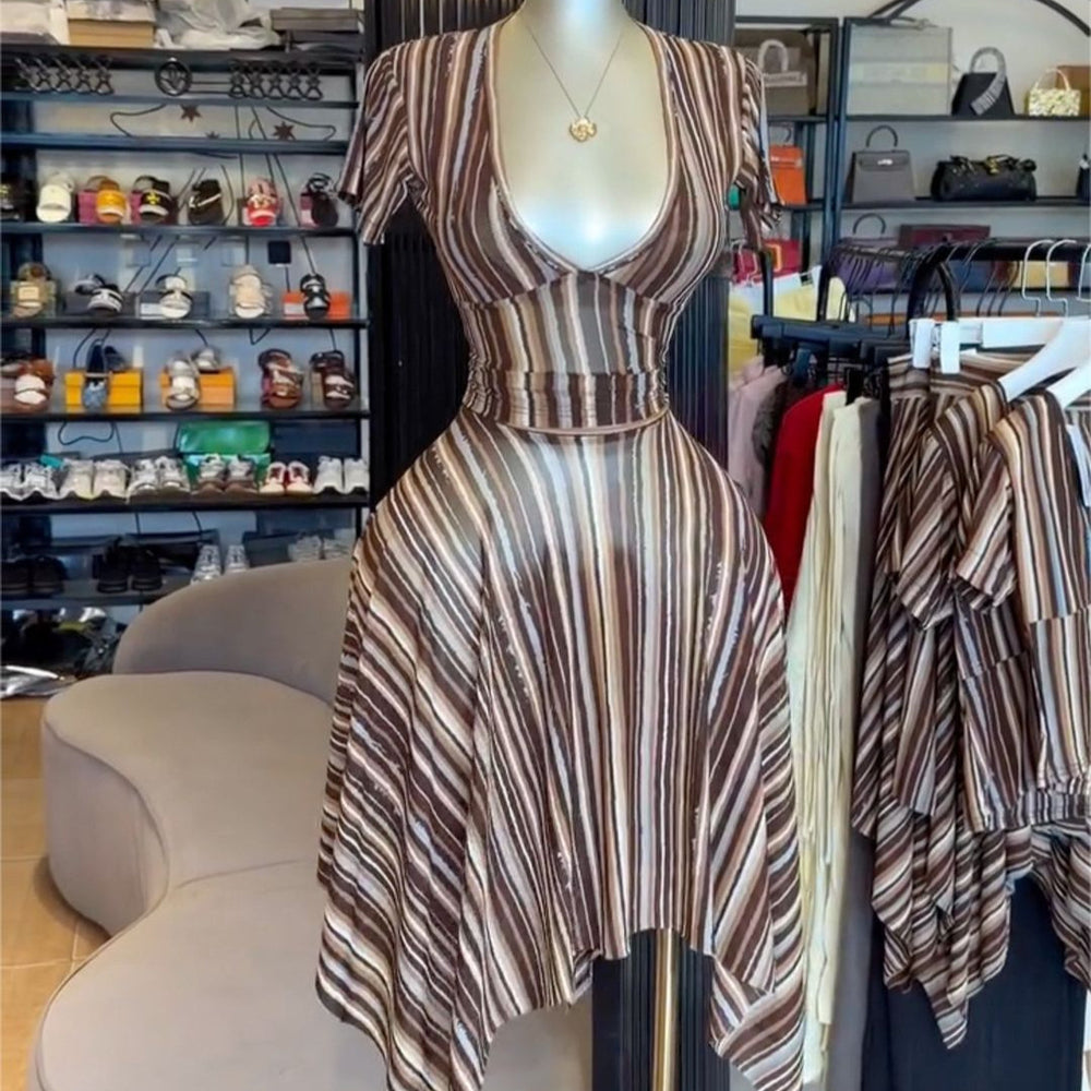 European and american cross-border women's fashion  summer new sexy elegant v-neck striped print top and midi skirt set