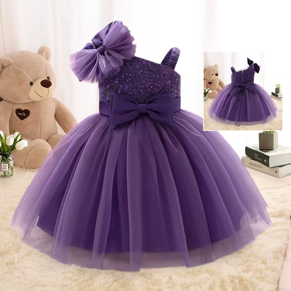 Girls' sequin runway princess dress - new baby girl tulle tutu skirt - kids' bowknot first birthday dress