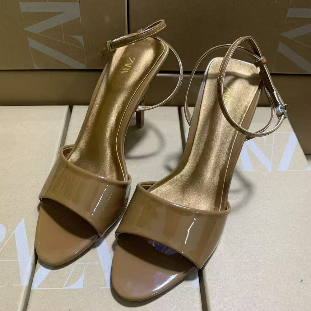 Za's 2025 new women's shoes: low-heeled, elegant, socialite-style pumps with closed toe, low-cut, back-strap detail, brown, open-toe design