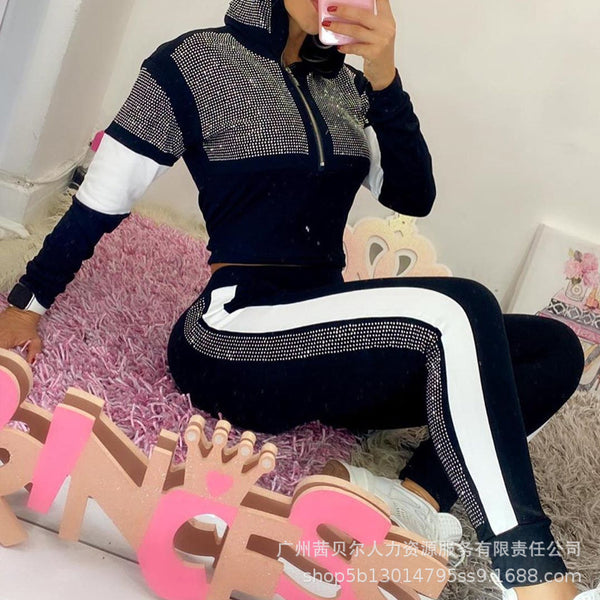LZS0120 new black hot diamond casual set 2-piece set