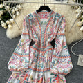 European and american style vintage print dress for women, new spring  collection, slim fit, elegant v-neck, single-breasted long dress