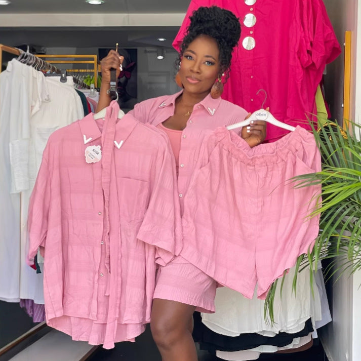 European and American large-size women's single-breasted cardigan shirt African high-waisted slim shorts fashionable solid color two-piece set women's tide