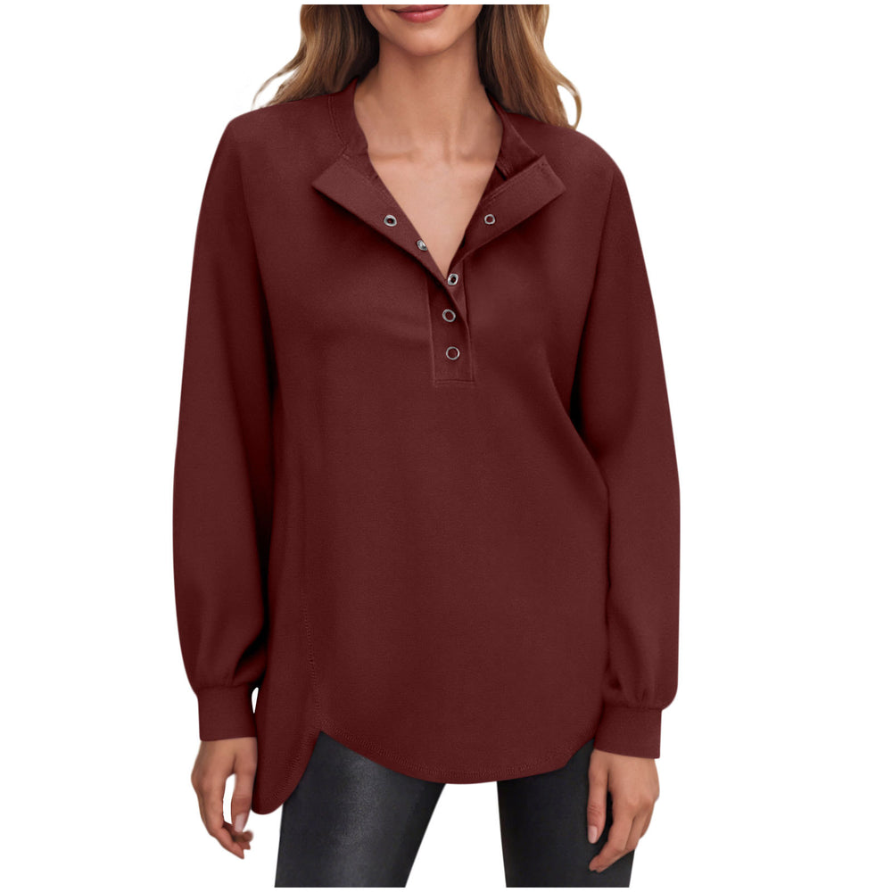 cross-border women's fashion casual solid color crew neck button-down long sleeve top hoodless sweatshirt