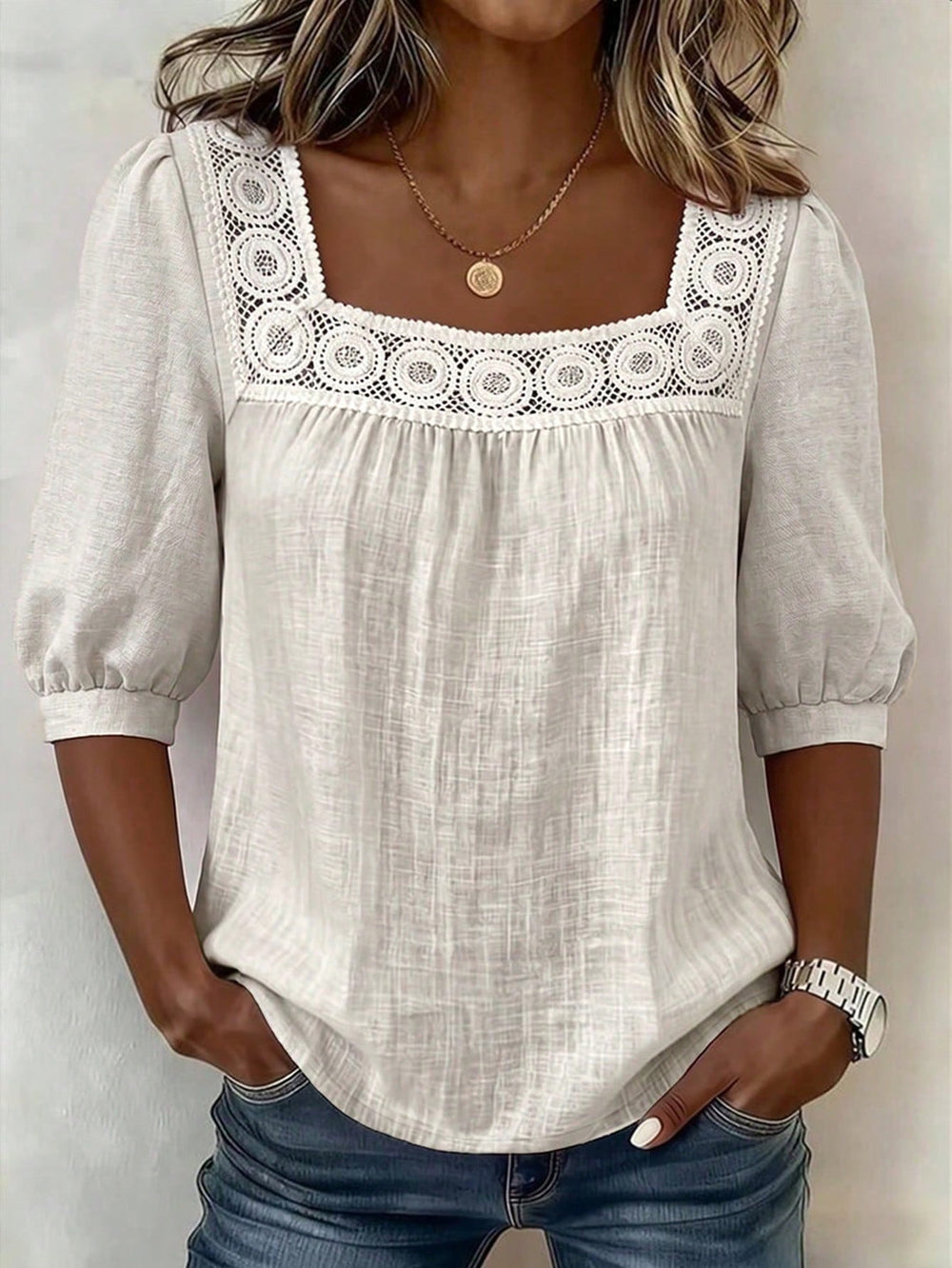 european and american cross-border lace square neck top - puff sleeve, cutout detail, soft cotton linen short sleeve - women's export fashion