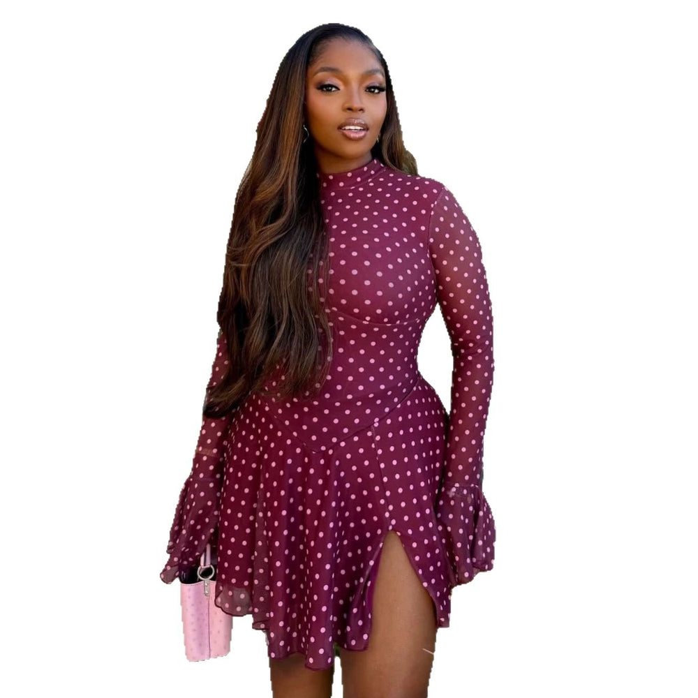 European and american cross-border women's fashion:  summer new collection - sweet polka dot round neck slim-fit slit irregular mini dress
